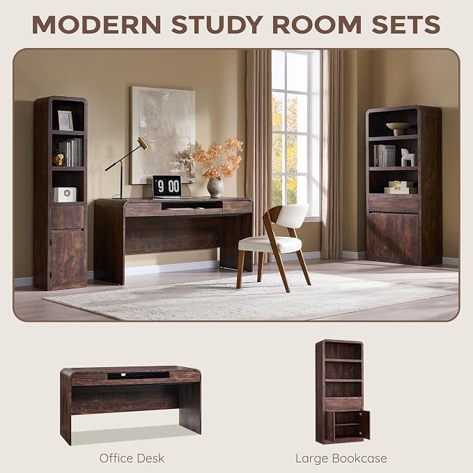 63" Modern Computer Desk with 2 Drawers, Wood Curved Executive Desk with Keyboard Tray & Power Outlet, Writing Desks with Storage for Home Office, Study Room, Living Room (Brown)