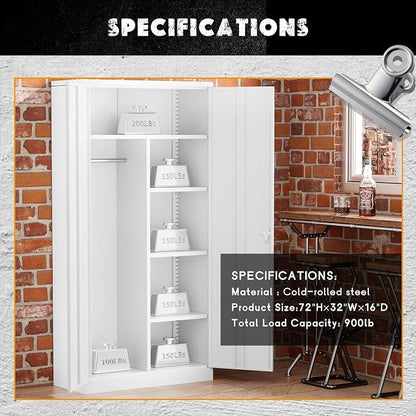 Greenvelly Metal Storage Cabinet with 2 Doors, White 72” Steel Storage Wardrobe Cabinet, Employees Locker Closet Clothing Coat Steel Wardrobe Cabinet with Hanging Rod for Garage, Gym, Home Office