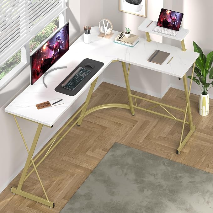 Mr IRONSTONE 63" L Shaped Gaming Desk, Corner Computer Desk, Home Office Writing Desk with Sturdy Monitor Shelf, Spacious L Shaped Desk Workstation, Easy to Assemble, Laminate Marble