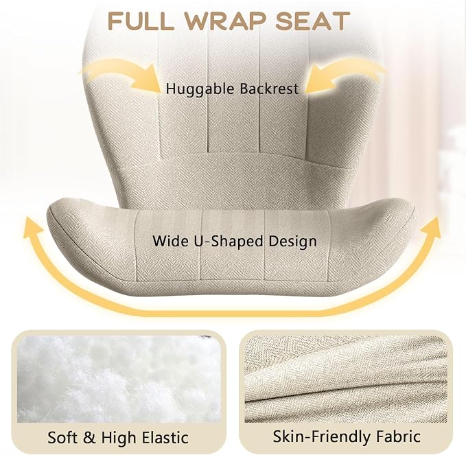 ZZW Criss Cross Chair with Wheels, Wide Cross Legged Office Chair Armless Comfy Desk Chair with Tall Back Vanity Chairs with Stress Relief Curved Design Seat for Bedroom & Office & Home Oatmeal