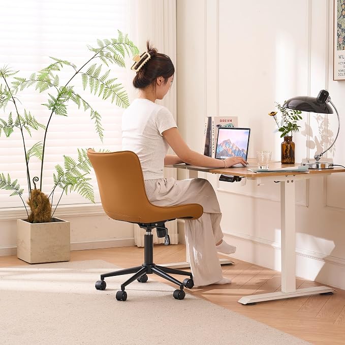 YOUNIKE Ergonomic Home Office Chair with Wheels Comfy Armless Desk Chair with Back Adjustable Height Modern Leather Upholstered Swivel Vanity Chair Small Cute Rolling Task Computer Chair Tan