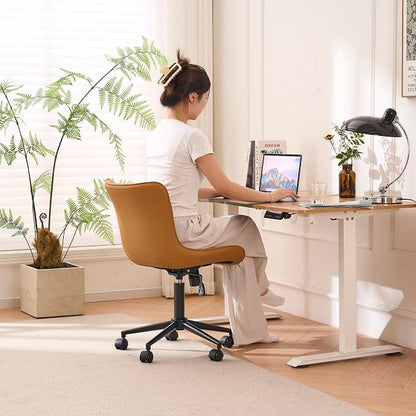 YOUNIKE Ergonomic Home Office Chair with Wheels Comfy Armless Desk Chair with Back Adjustable Height Modern Leather Upholstered Swivel Vanity Chair Small Cute Rolling Task Computer Chair Tan
