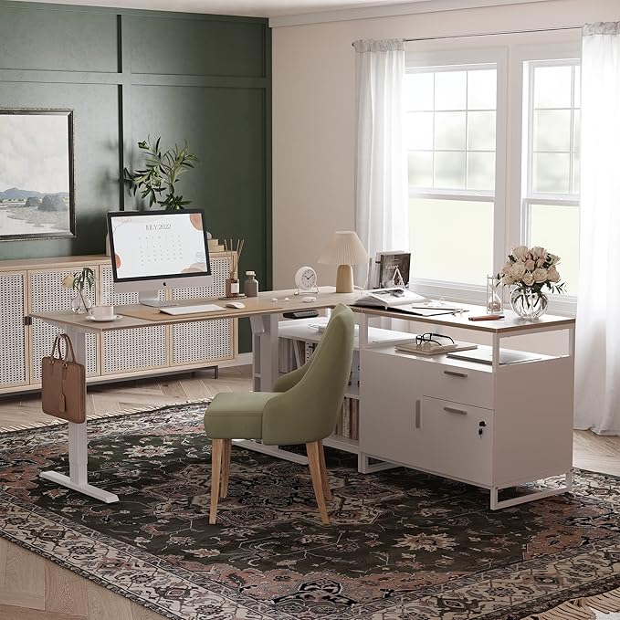 FEZIBO 66 Inches L Shaped Standing Desk with Drawers & Shelves, Executive Desk Adjustable Height Desk, Light Walnut Top/White Frame