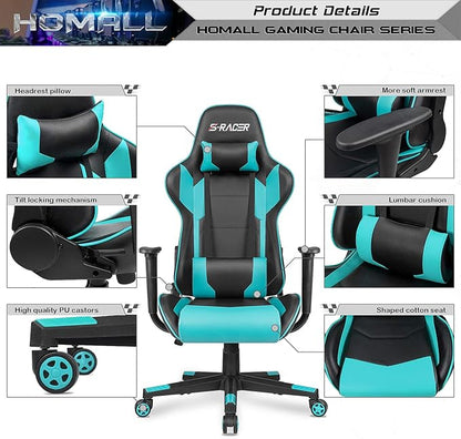 Homall Gaming Chair, Office Chair High Back Computer Chair Leather Desk Chair Racing Executive Ergonomic Adjustable Swivel Task Chair with Headrest and Lumbar Support(Cyan)