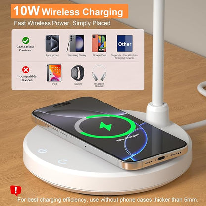 Desk Lamp for Home Office - LED Desk Lamp with Wireless Charger, 3 Color Modes Dimmable Eye-Caring Study Reading Desk Light, Small Flexible Arm Table Lamp for College Dorm Room Bedside, White
