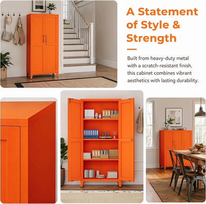 Metal Storage Cabinet with Lock,Orange Steel Tool Cabinet with 3 Adjustable Shelves,61 Tall Freestanding Heavy Duty Garage Locker for Home Office Kitchen 61" H X 27.6" W X 13.8" D
