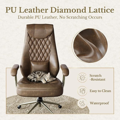 High Back Executive Office Chair, Ergonomic PU Leather Desk Chair with Integrated Headrest, Lumbar Support & Recline Function, Adjustable Swivel Computer Chair for Home Office, Brown