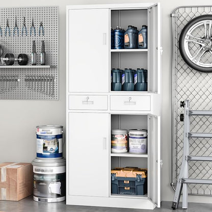 Metal Storage Cabinet with 2 Drawers 71" H,White Metal Garage Cabinets with 2 Lockable Doors and Adjustable Shelves, Locking Cabinet for Home Office,Pantry,Garage,Warehouse