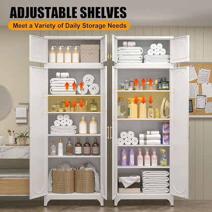 Metal Storage Cabinet with Doors, 90" Tall Kitchen Pantry Storage Cabinets with Adjustable Shelves, White Pantry Closet, Steel Large Cupboard, High Leveling Feet- Assembly Required