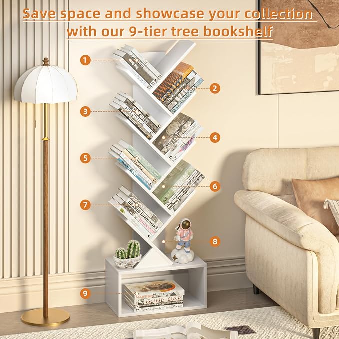 SHEEPAM 9 Tier Tree Bookshelf,Christmas Green Bookcase for Narrow Space, Storage Organizer Floor Standing Bookshelves for Books, Tall Book Case for Home Office, Living Room, Bedroom
