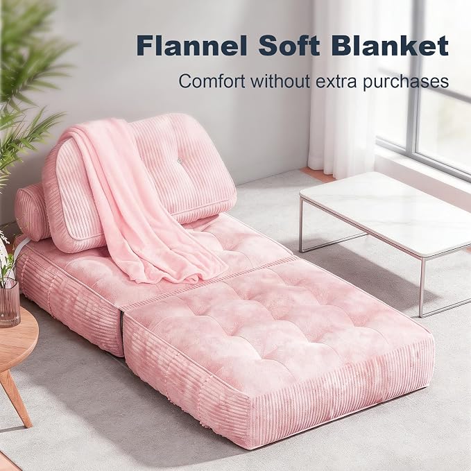 Folding Sofa Bed, Flannel Futon Couch Bed with Pillow and Blanket, Convertible Sleeper Chair for Living Room Bedroom (Pink+Black)