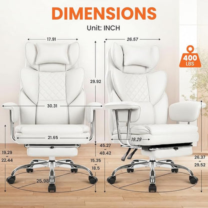 NEO CHAIR Big and Tall Office Chair Gaming Computer Chair High Back Heavy Duty Desk Chai with Lumbar Support Adjustable Recliner Footrest Wide Seat Leather Executive Home with Wheels (Leather White)