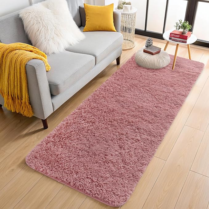 OLANLY 2x6 Machine Washable Runner Rugs for Hallway, Soft Fluffy Shaggy Bedside Rugs for Bedroom, Living Room, Indoor Floor Carpet for Kids Girls Boys, Nursery Rooms, Home Decor Aesthetic, Pale Pink