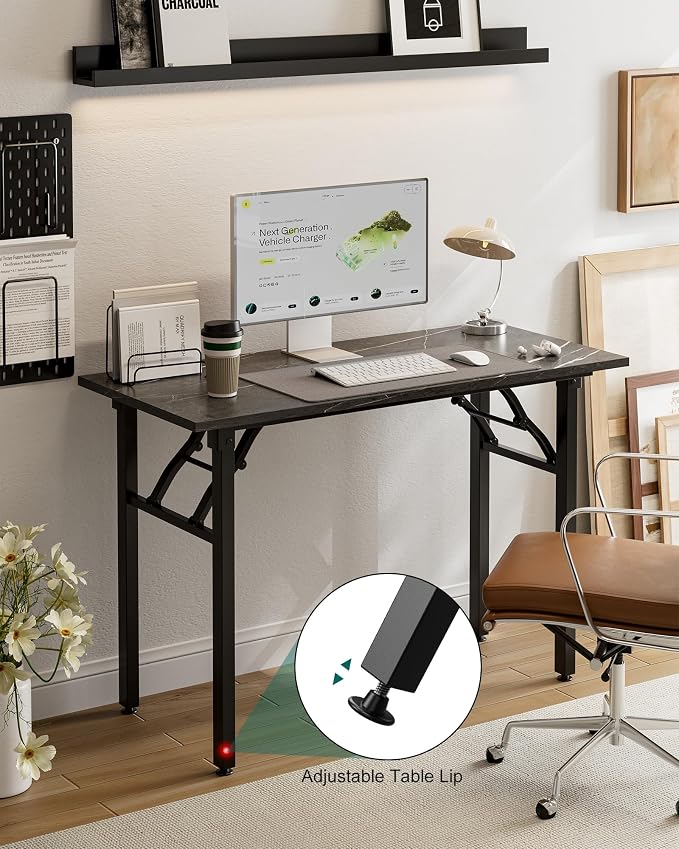 Frylr Small Folding Computer Desk – Portable 44.3 Inch Foldable Laptop Table, Collapsible and Compact for Easy and Fast Setup, Lightweight for Small Spaces, Home Craft and Study Use, Marble Greige