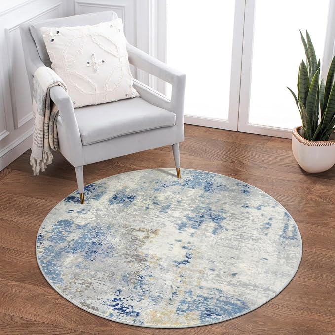 Lahome Modern Abstract Round Rug 3Ft, Blue Washable 3x3 Circle Rugs for Kitchen Entryway Soft Small Bedroom Mat Non Slip, Contemporary Indoor Floor Throw Carpet for Nursery Home Office
