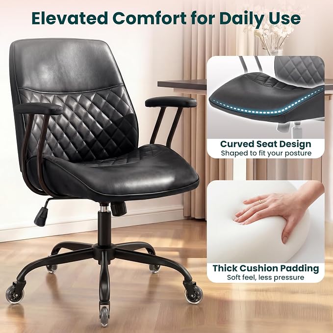 NEO CHAIR Ergonomic Leather Office Desk Chair with Fixed Armrests Mid Back Lumbar Support Swivel Executive Computer Chair with Wheels Comfy Home Office Chair for Adults (Black)