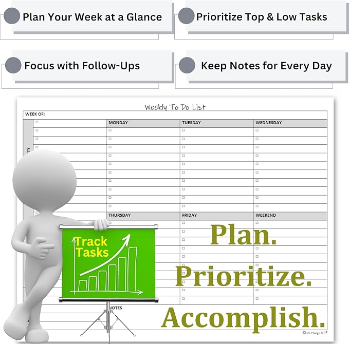 Life Charge Weekly Planner Notepad for Work & Home, Weekly To Do List Pad with Daily Checklist, Priority & Notes, 60 Pages, 8.5 x 11 Letter, Landscape
