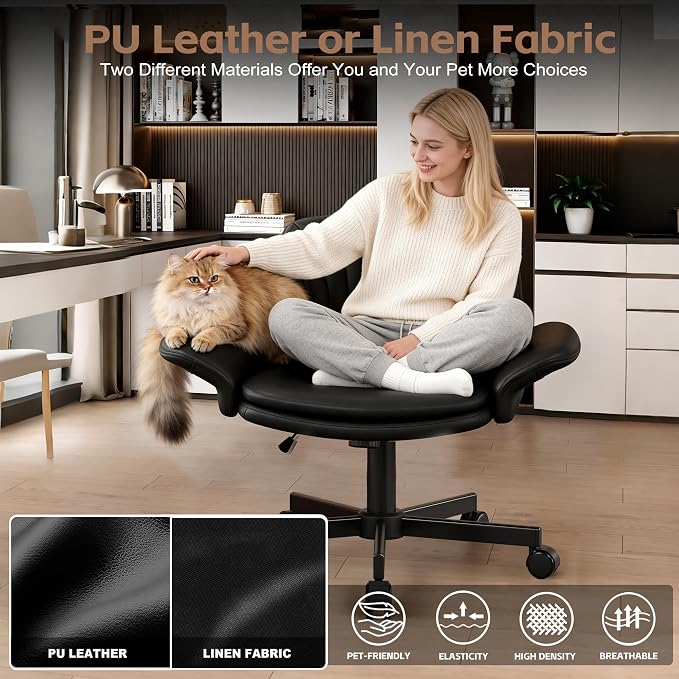 Vonesse Criss Cross Office Chair with Wheels & Armrests, Height Adjustable Vanity Chair, Makeup Chairs with Side Pockets Design, Comfortable Computer Desk Chairs for Home (PU Leather,Black)