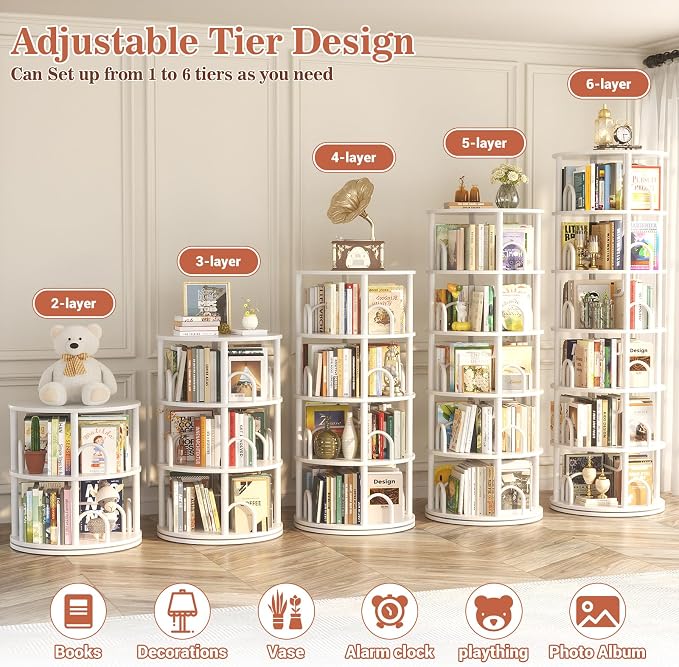Aheaplus 6 Tier Rotating Bookshelf Tower, Revolving Bookcase, 360° Round Spinning Book Shelf, Narrow Swivel Bookshelves Vertical Rolling Turning Corner Bookshelf Organizer for Small Space, White
