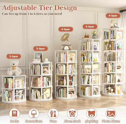 Aheaplus 6 Tier Rotating Bookshelf Tower, Revolving Bookcase, 360° Round Spinning Book Shelf, Narrow Swivel Bookshelves Vertical Rolling Turning Corner Bookshelf Organizer for Small Space, White