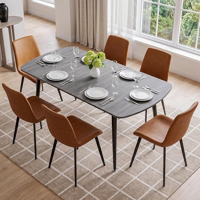 HIPIHOM 7-Piece Extendable Dining Table Set for 6, 55.1" to 70.87" Expandable Kitchen Table with 6 PU Leather Dining Chairs, Modern Wood Grain Top Furniture Set for Dining Room, Grey
