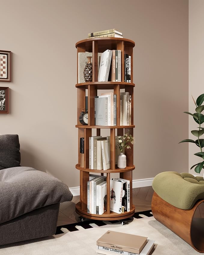 4-Tier Solid Wood Rotating Bookshelf on Wheels, 360° Spinning Book Shelf Tower, Round Revolving Bookcase Organizer, Rolling Bookshelves for Small Spaces, Corner, Bedroom, Kids Room, Office, Walnut