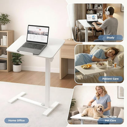 DUMOS Standing Desk on Wheels Height Adjustable Computer Cart with Pneumatic Lift, Rolling Table, Portable Workstation for Bed, Sofa, Hospital or Office White