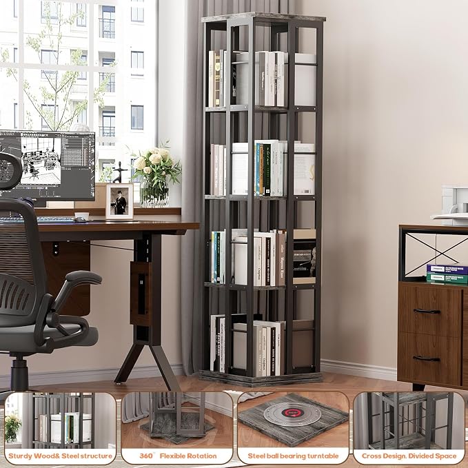 Aheaplus Rotating Bookshelf, 4-Tier Corner Bookshelf, 360 Display Wood Spinning Bookshelf, Floor Standing Bookcase Narrow Shelf Revolving Organizer Storage Rack for Small Space, Grey Oak