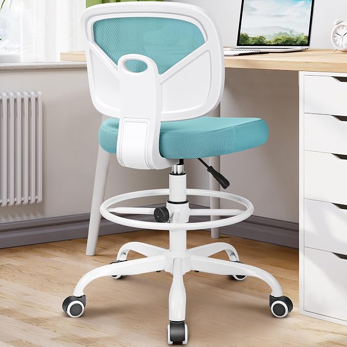 Primy Armless Tall Desk Chair, Adjustable Height and Footring, Low-Back Ergonomic Standing Desk Chair Mesh Rolling Tall Chair for Art Room, Office or Home (Teal)