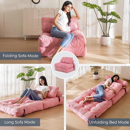 MAXYOYO Folding Sofa Bed, Convertible Chair with Pillow Foldable Couch with Back Support, Portable Fold Out Chair Bed Comfy Floor Sofa Lounge for Living Room Bedroom, Pink, Single
