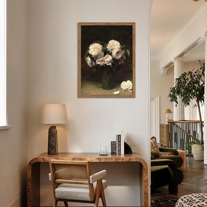 Vintage Floral Wall Art, Framed Moody Dark Roses Canvas Wall Art, Botanical Flowers Pictures Print, Retro White Roses Oil Painting Artwork Wall Decor for Bedroom Kitchen Bathroom – 12x16 inch