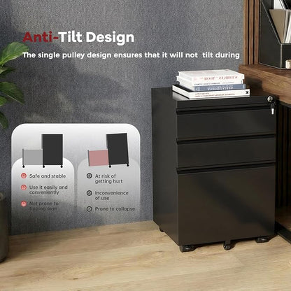 Bonusall 【Fully Assembled】 3 Drawer File Cabinet with Lock, Small Under Desk Filing Cabinet for Home Office, Fully Assembled Metal Rolling Storage Fits A4/Letter/Legal, Black