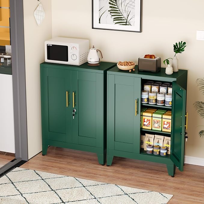 Green Metal Storage Cabinet, 36" Tall Locking Storage Cabinet with 2 Adjustable Shelves, Steel Locker Organizer, for Office, Home, School, 11.81" D x 23.62" W x 35.83" H, 2PS