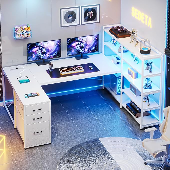 SEDETA L Shaped Office Desk with Drawers, 64.5" Reversible Computer Desk with Storage Shelves and Power Outlet, Corner Gaming Desk with LED Strip for Home Office, White