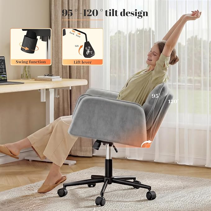 Criss Cross Chair with Wheels, Ergonomic Office Chair with Adjustable Armrests, Vanity Chair with Back for Bedroom, Makeup Room and Office Room, Grey