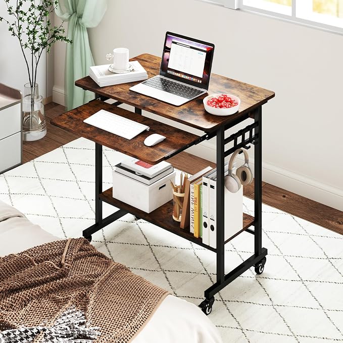 Giantex Rolling Computer Desk, Mobile Portable Desk with Keyboard Tray & Wheels, Laptop PC Table Cart with Shelf & Hooks, Industrial Small Desk for Small Spaces, Home Office, Bedroom, Rustic Brown
