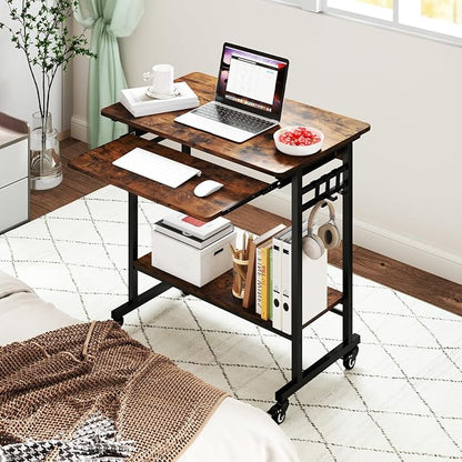 Giantex Rolling Computer Desk, Mobile Portable Desk with Keyboard Tray & Wheels, Laptop PC Table Cart with Shelf & Hooks, Industrial Small Desk for Small Spaces, Home Office, Bedroom, Rustic Brown