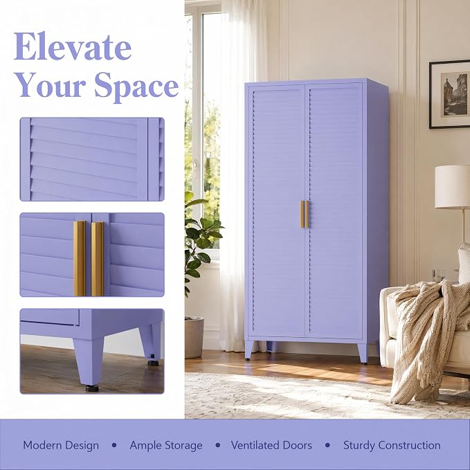 61" Tall Metal Pantry Cabinet with Lock and 3 Adjustable Shelves,Freestanding Heavy Duty steel Storage Locker,Purple Metal Cabinets for Kitchen,Living Room,Laundry,Garage,61" H X 27.6" W X 13.8" D