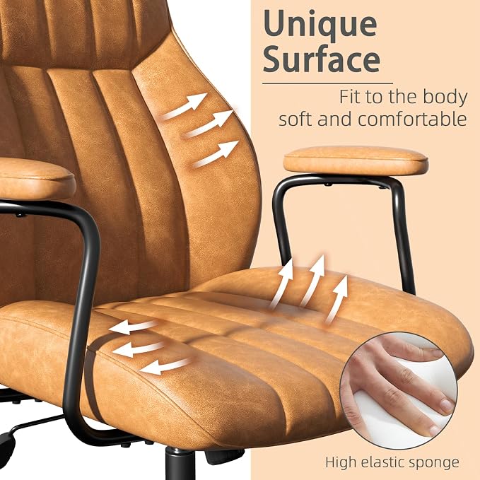 Brown Leather Office Chair, Mid Century Home Office Desk Chair | Ergonomic Curve Design, Removable Padded Arms, Height Adjustable Swivel Seat & Smooth Wheels, Vintage Mid-Back Computer Chair