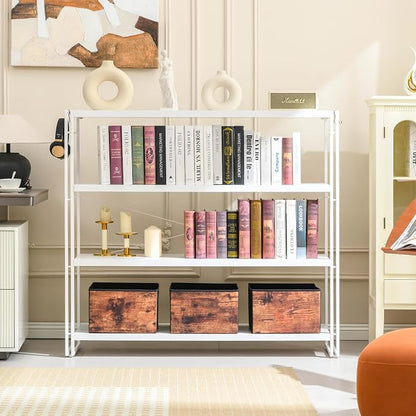 HCHQHS Bookshelf, 4-Tier Industrial Bookcase, White Open Book Shelf, Freestanding Tall Bookshelves with Metal Frame