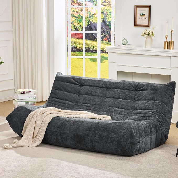 Hobestluk Giant Bean Bag Chair Faux Fur BeanBag Couch for Living Room | Darkgrey Chenille, 3-Seater,Ergonomic Design,Memory Foam,Anti-slip Bottom,No Assembly,Decorative Style for Living Room