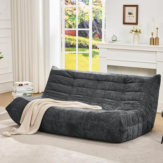 Hobestluk Giant Bean Bag Chair Faux Fur BeanBag Couch for Living Room | Darkgrey Chenille, 3-Seater,Ergonomic Design,Memory Foam,Anti-slip Bottom,No Assembly,Decorative Style for Living Room