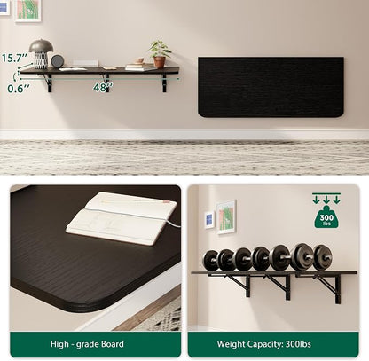 Dogsky Wall Mounted Folding Table, Floating Desk 48x15.7Inch, Fold Down Shelf Wall Mounted with Heavy Iron Brackets, Foldable Table for Launrdy Room, Office Study Work Bench, Kitchen Dining, Black