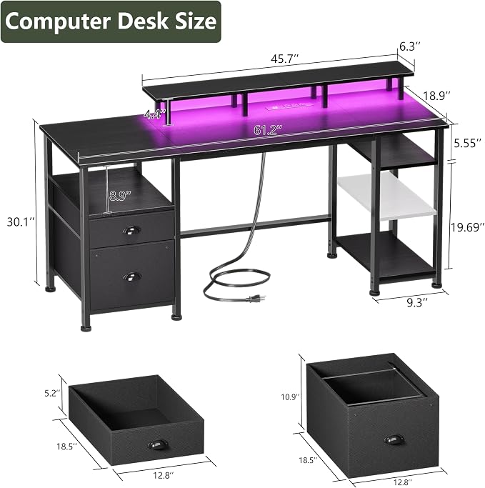 Furologee 61" Gaming Desk with Power Outlets & LED Lights, Reversible Computer Desk with File Cabinet & Monitor Stand for Home Office, Large Work Table with Storage Shelves & Drawer, Black