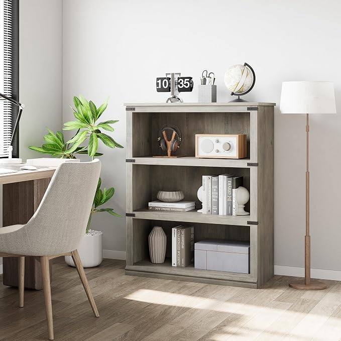 GarveeHome 3 Tier Farmhouse Bookcase, 39.9 in Tall Book Shelf with Storage, Wooden Bookshelves 3 Shelf Display Shelvesfor Home Office, Living Room, Bed Room (Grey, 39.9 in H x 31.5 in W x 12.8 in D)