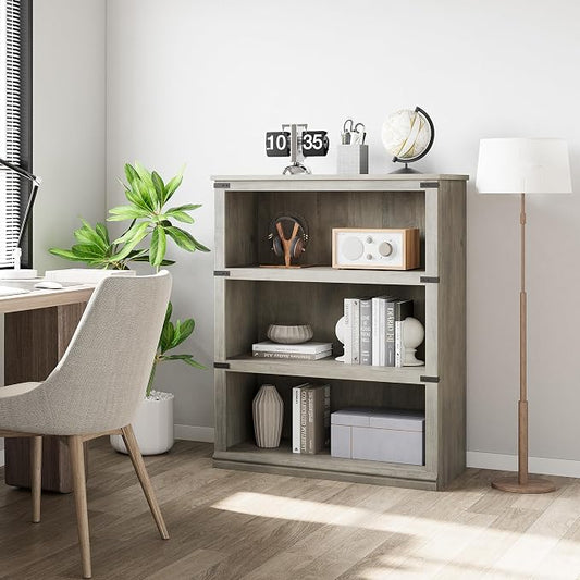 GarveeHome 3 Tier Farmhouse Bookcase, 39.9 in Tall Book Shelf with Storage, Wooden Bookshelves 3 Shelf Display Shelvesfor Home Office, Living Room, Bed Room (Grey, 39.9 in H x 31.5 in W x 12.8 in D)