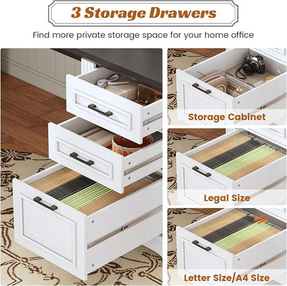 SEDETA Farmhouse 69" Executive L Shaped Desk, Home Office Desk with Drawers and Storage Cabinet & Power Outlet, Corner Computer Desk, White