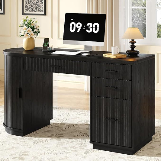 ONBRILL 58 Inch Fluted Executive Desk, Computer Desk with Storage Drawers & File Drawer, Modern Home Office Desk with Charging Station for Working, Studying, Writing, Black