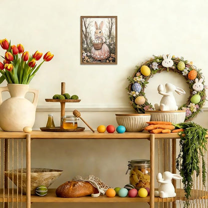 Framed Easter Bunny Canvas Wall Art, Rabbit & Egg Basket Poster Prints, Farmhouse Style Holiday Wall Decor, Vintage Rustic Home Artwork for Kids Room Bedroom Living Room 12x16 inch