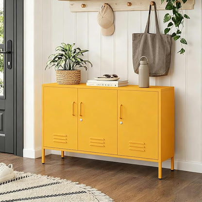 47.5" Wide Yellow Metal Storage Cabinet with Lock and Ventilated Doors, 2 Adjustable Shelves, Heavy Duty Home Metal Accent Locker for Kitchen Office Living Room Hallway